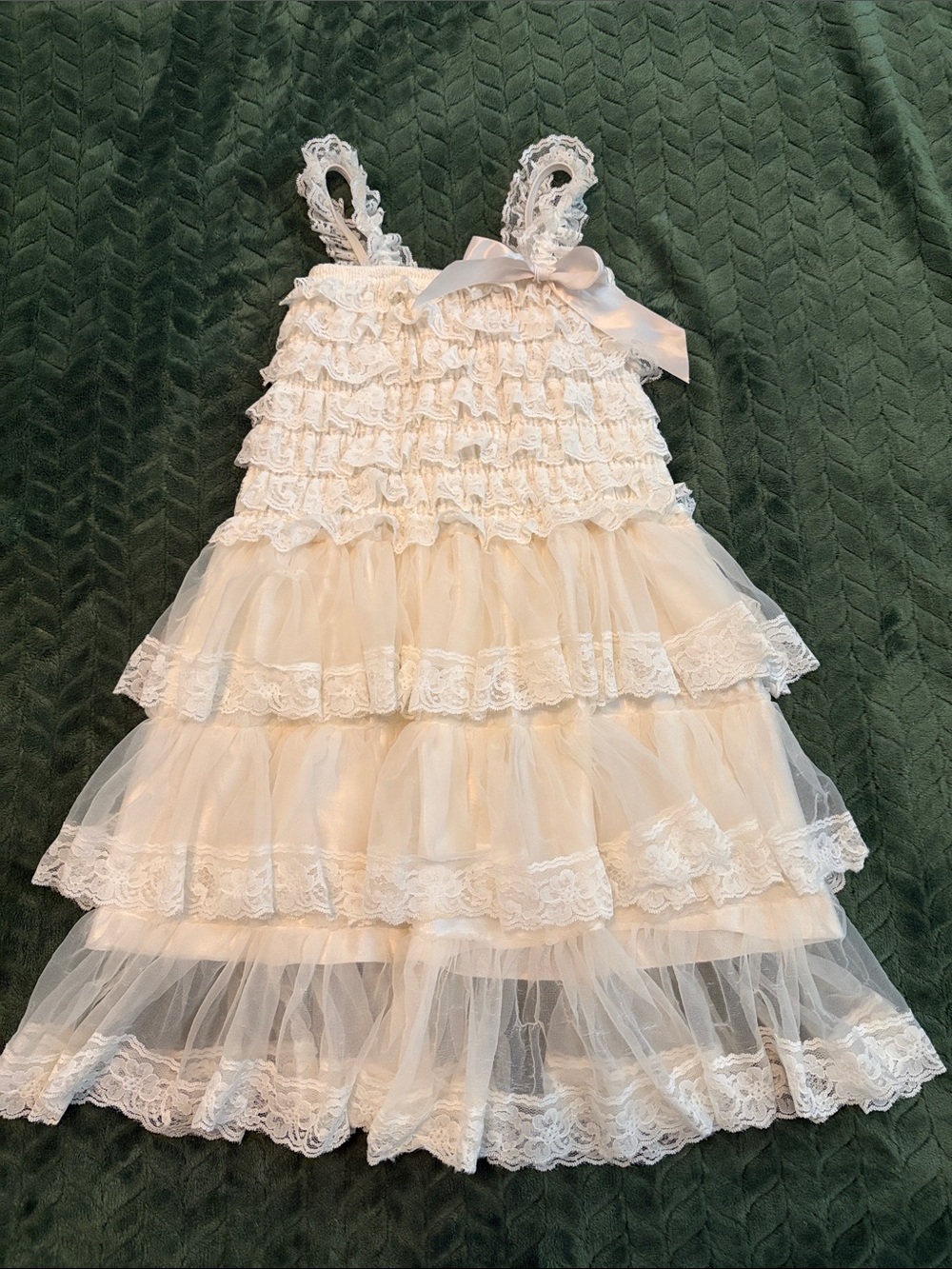 OG Posh Peanut Vintage Lace Dress Chiffon Lace Tulle Smocking Tiered Off White